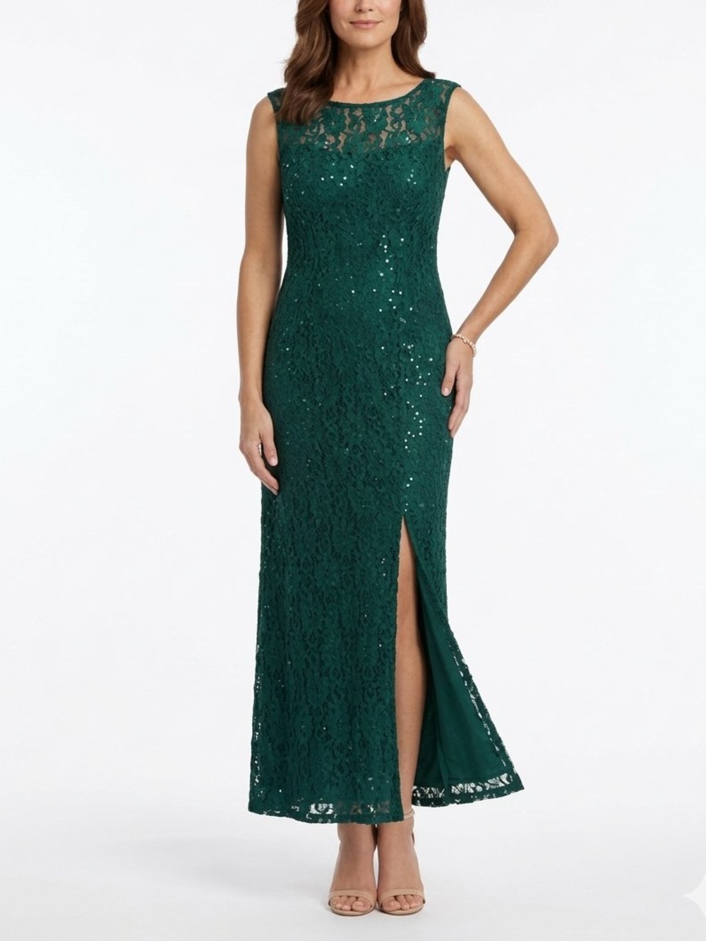 Connected Apparel Green Floral Lace Sequin Maxi Dress Scoop Neck Side Slit 12P